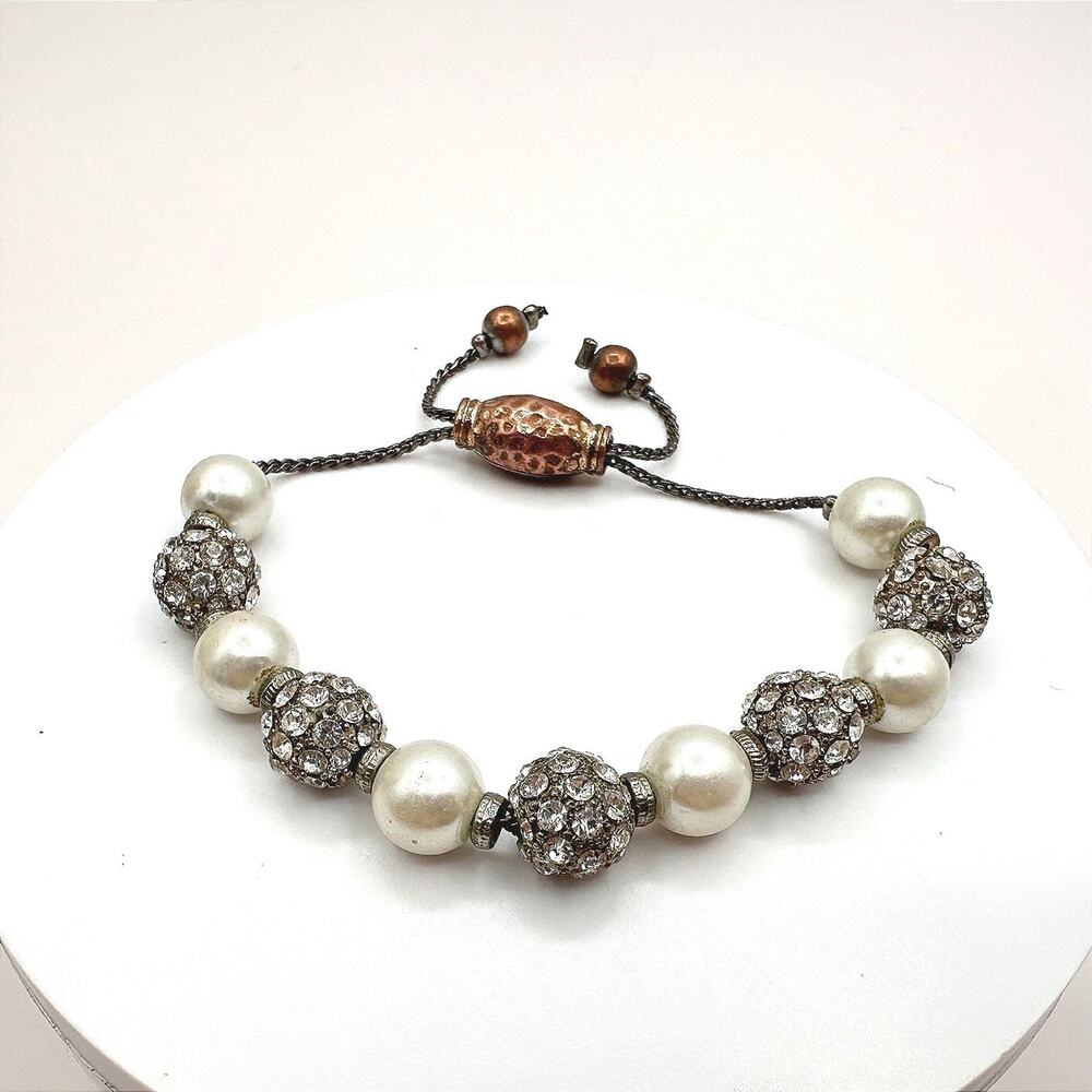 Vintage 90s White Faux Pearl Rhinestone Ball Bracelet Women's Classic Jewelry